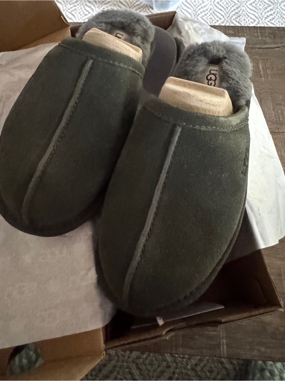 UGG Women’s Olive Green Shearling-Lined Slippers US 7